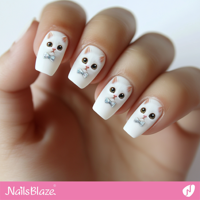 White Kitty Cat with Bow Design for Nails | Kitty Cat Nail Art - NB7146