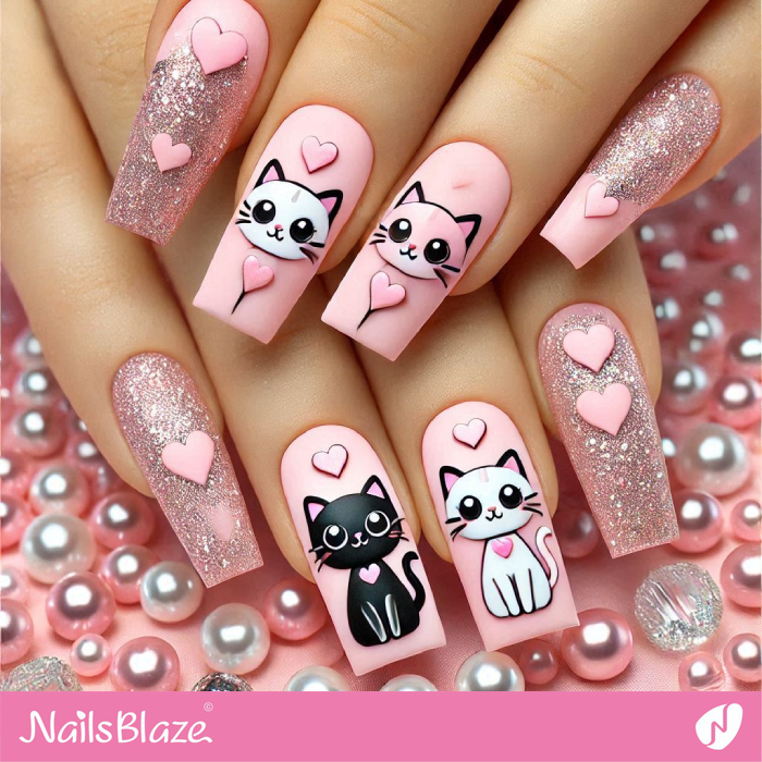 Long Square Nails Design with Kitty Cat | Kitty Cat Nail Art - NB7147