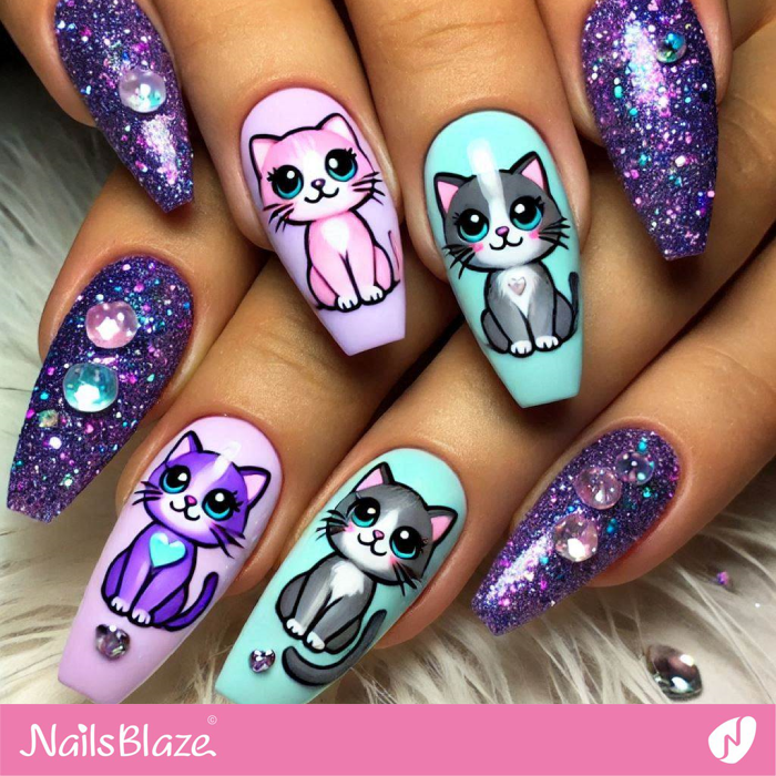 Glitter Purple and Cute Kitty Cat Nails Design | Kitty Cat Nail Art - NB7148