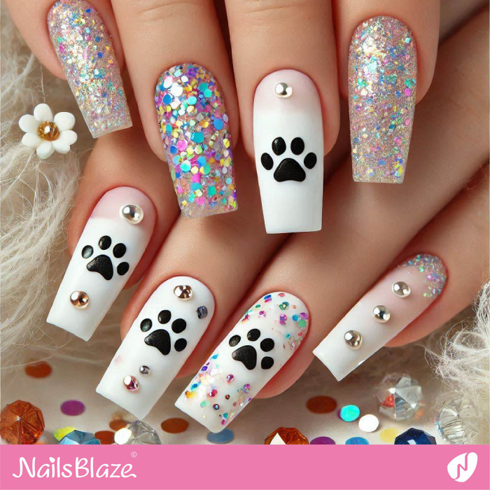 Confetti Nails Design with Cat Paw | Cat Paw Print Nail Designs - NB7125