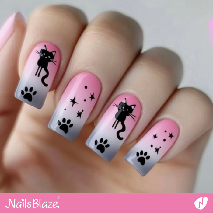 Cat Paw Design for Black Cat Ombre Nails | Cat Paw Print Nail Designs - NB7126