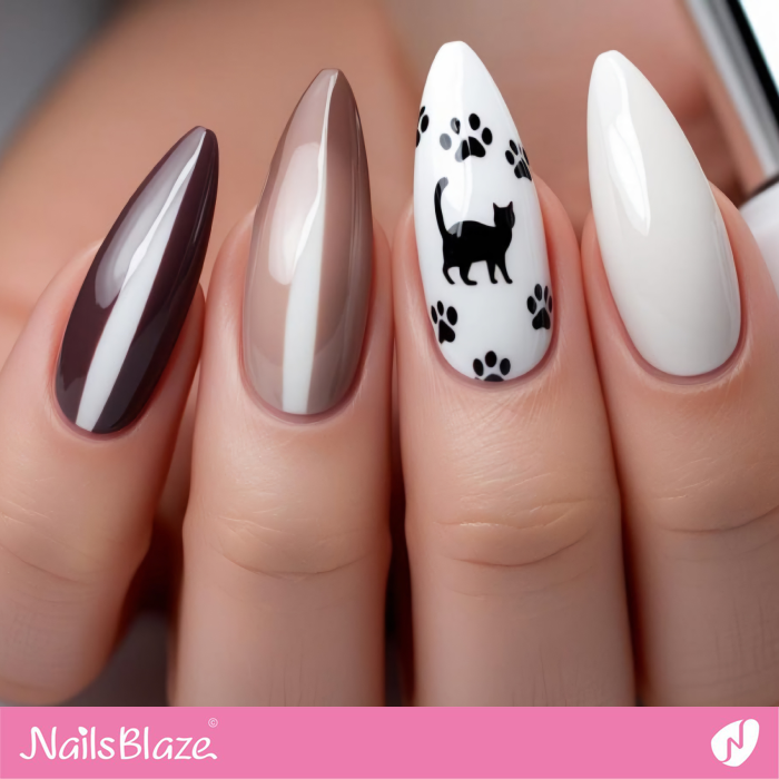 Silhouette Cat and Paw Accent for Mocha Mousse Nails | Cat Paw Print Nail Designs - NB7130