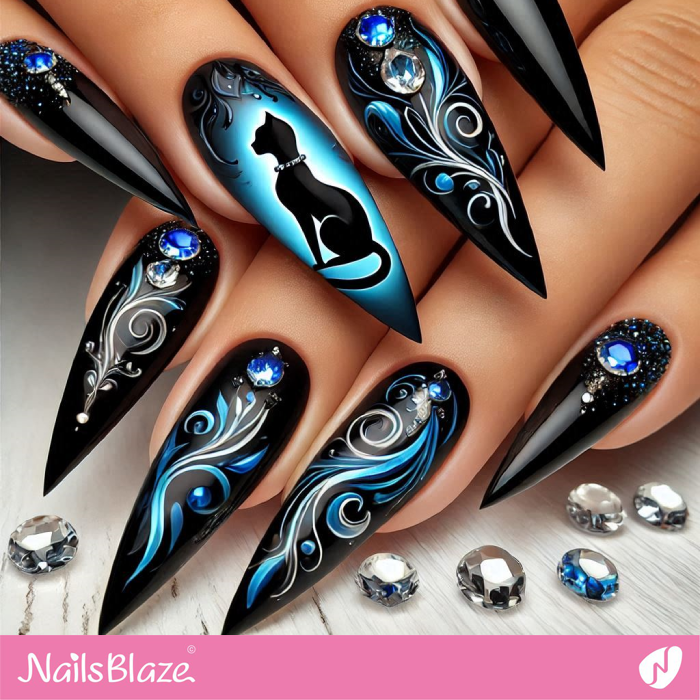 Dark Stiletto Nails with Silhouette Cat Accent | Silhouette Cat Nails - NB7151