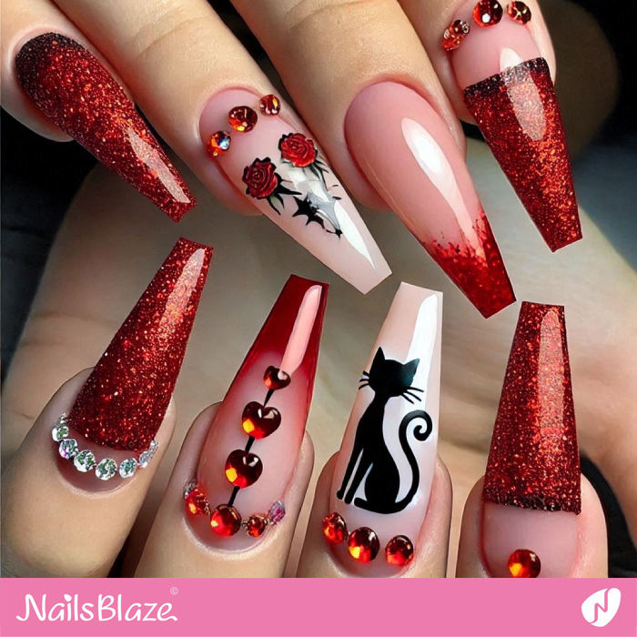 Red Nails Royal Silhouette Cat Design | Silhouette Cat Nails - NB7152