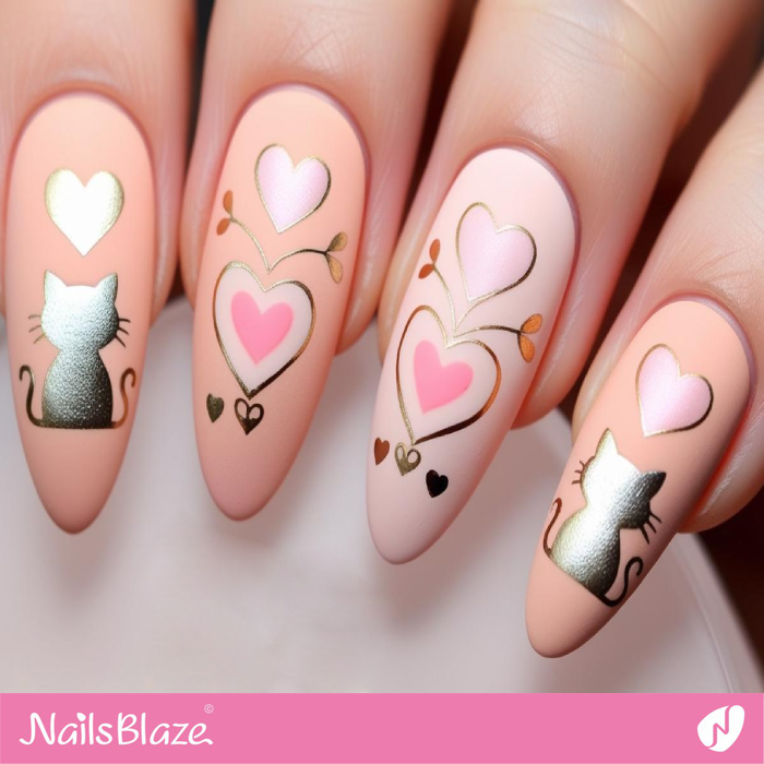 Silver Silhouette Cat Design for Peach Matte Nails | Silhouette Cat Nails - NB7153