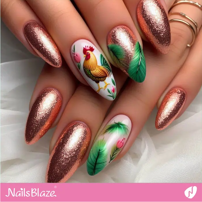 Rooster Accent for Rose Gold Nails | Chicken Nails- NB7796