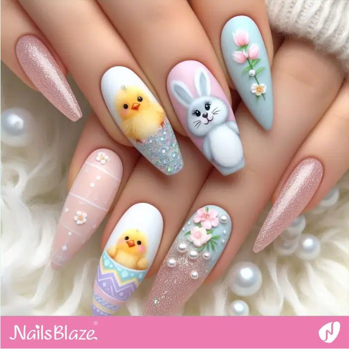 Long Nails with Easter Bunny and Chick | Chicken Nails- NB7779