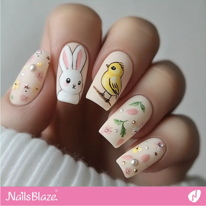 Matte Easter Nails with a Chick and Rabbit | Chicken Nails- NB7785