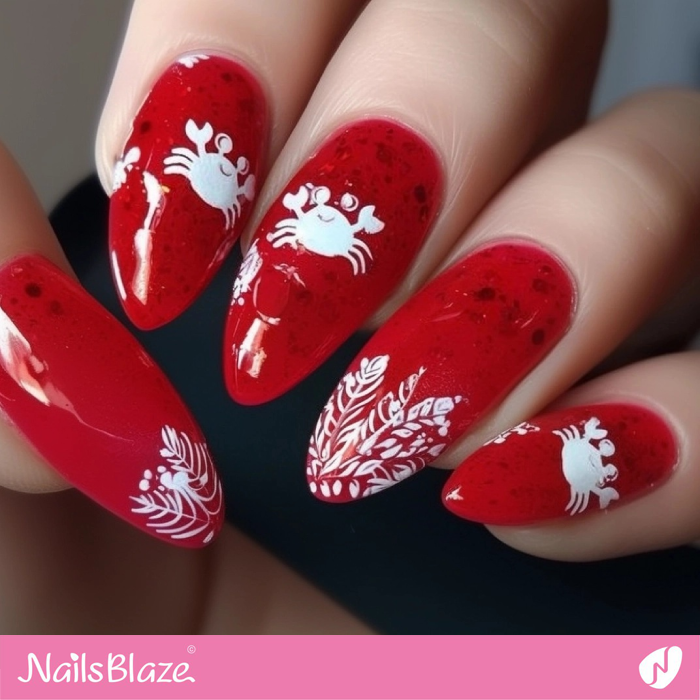 Red Nails with White Silhouette Crabs | Crab Nails- NB8162