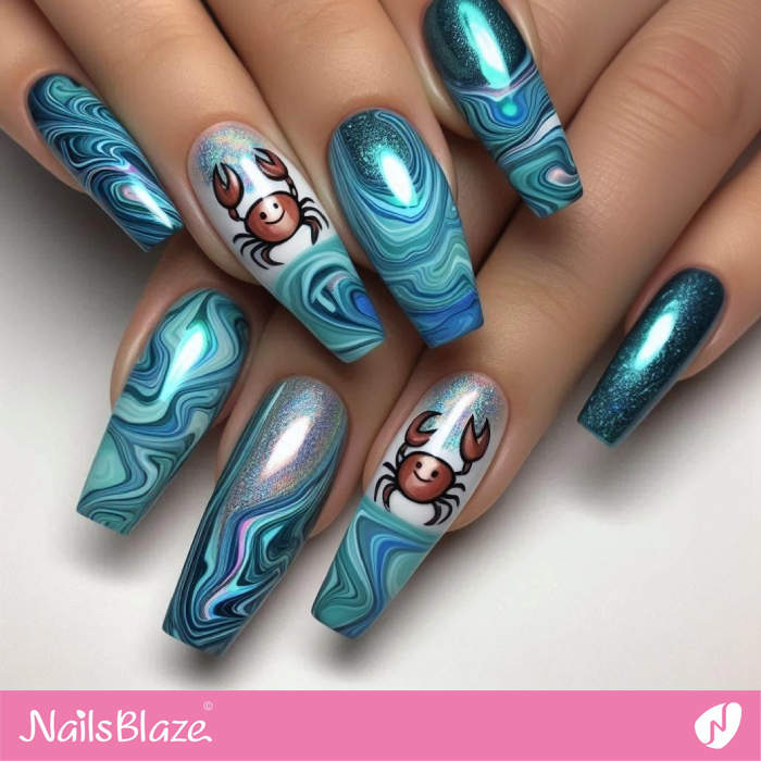 Blue Swirl Nails with a Cute Crab | Crab Nails- NB8160