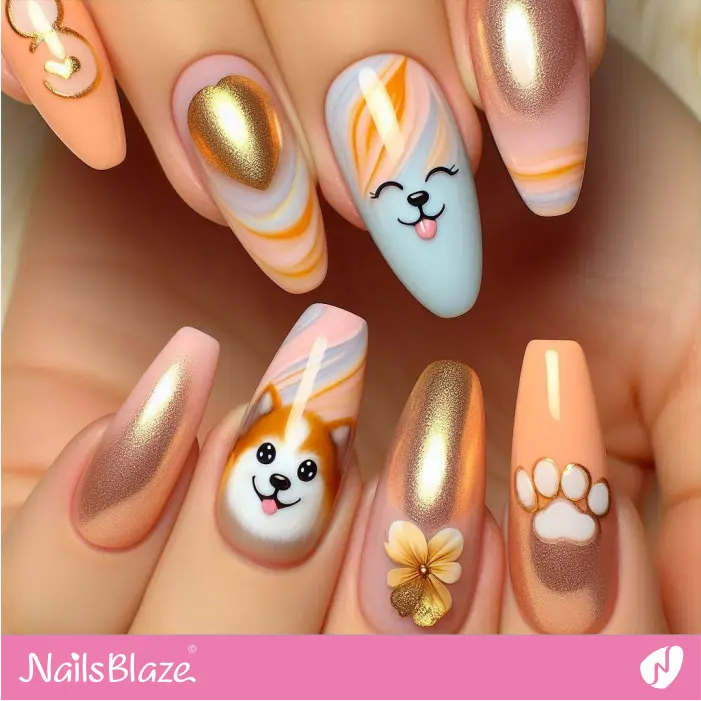 Peach Nails Corgi Dog Design | Dog Nail Designs- NB7539