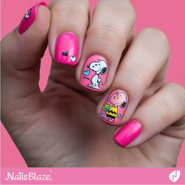 Short Pink Nails with Peanuts Snoopy Design | Dog Nail Designs- NB7544