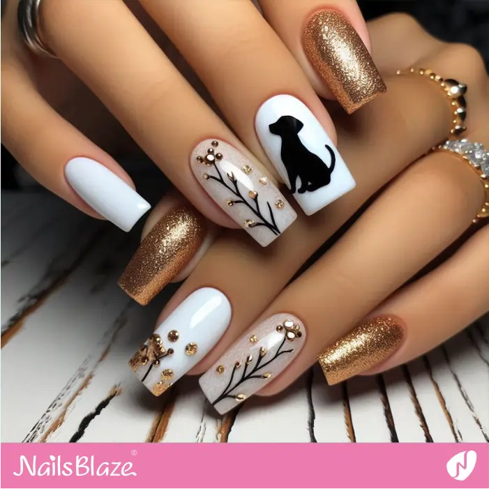 Embellished Nails with a Silhouette Dog | Dog Nail Designs- NB7533