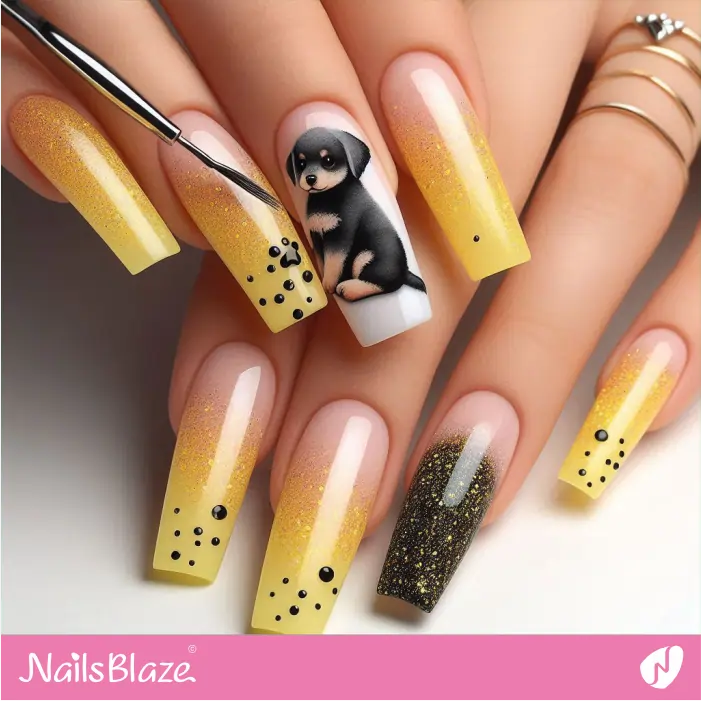 X-long Ombre Yellow Nails with a Dog | Dog Nail Designs- NB7534