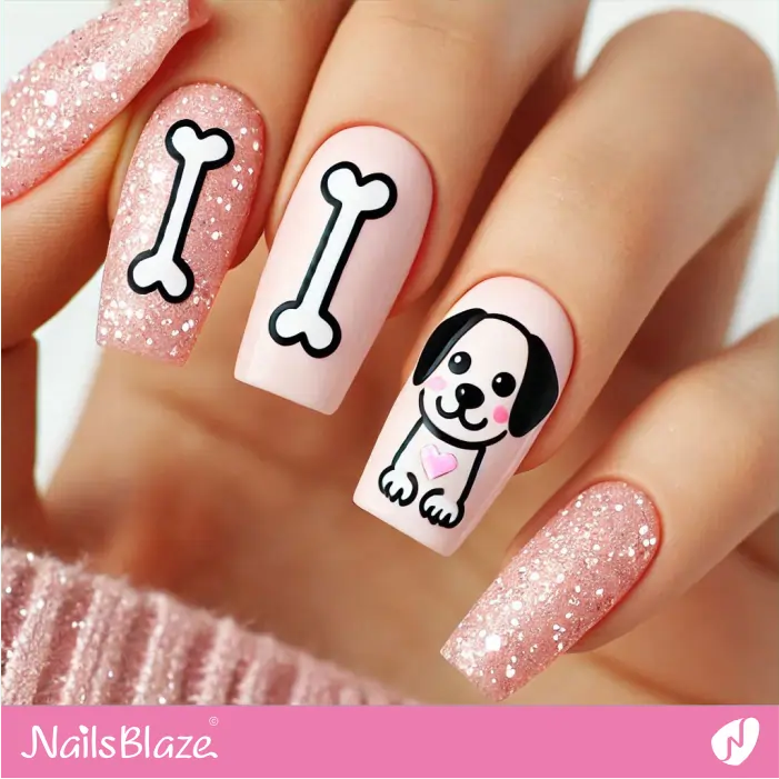 Cute Simple Dog and Bone Nails Design | Dog Nail Designs- NB7538