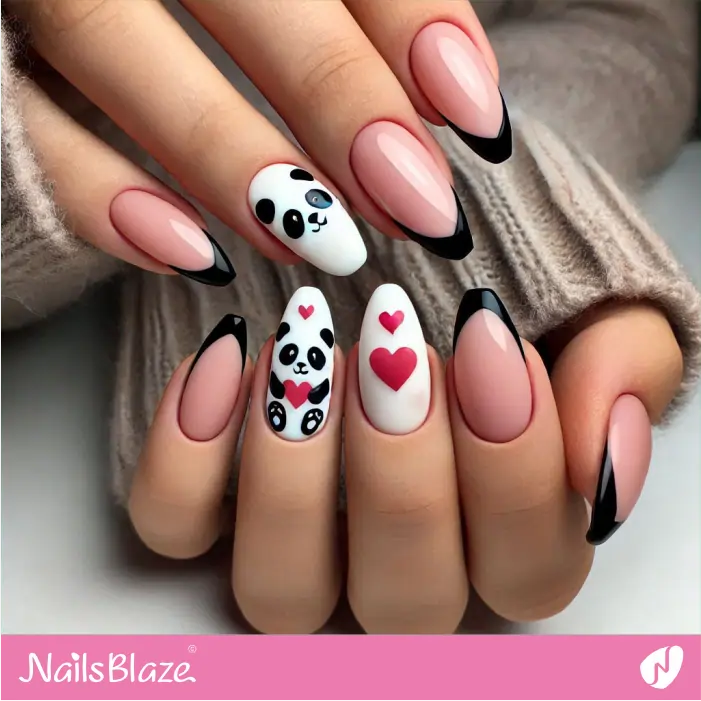 Black French Manicure with Pandas | Panda Nails- NB7564