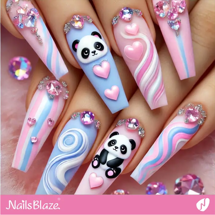 Decorated Baby Pink and Blue Panda Nails | Panda Nails- NB7565