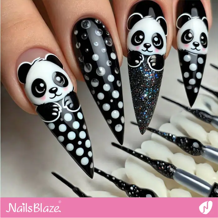 Black Nails Dots and Panda Design | Panda Nails- NB7567