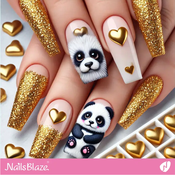 Gold Bling Nails with Panda Accents | Panda Nails- NB7576