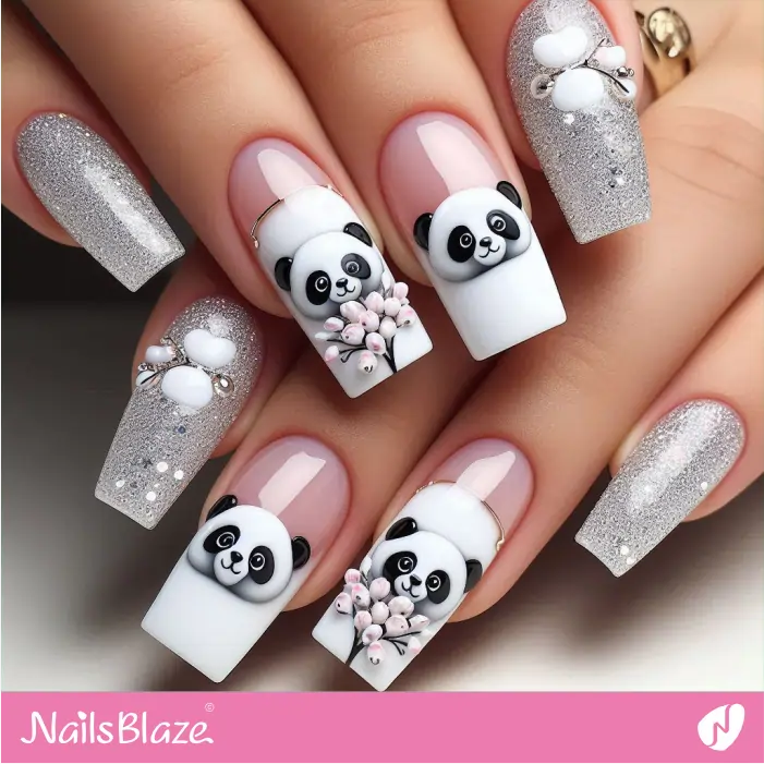 Panda Design for Silver Glitter Nails | Panda Nails- NB7577