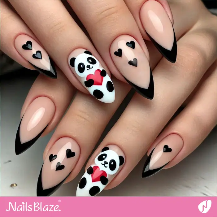 Nude Nails with Black Tips and Panda Design | Panda Nails- NB7578