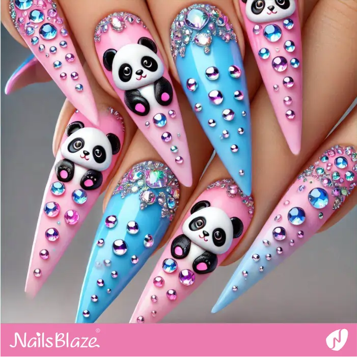 Embellished Stiletto Nails with Pandas | Panda Nails- NB7580