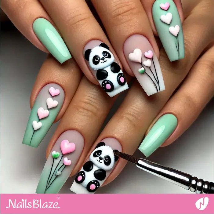 Panda Green Nails with Hearts | Panda Nails- NB7581