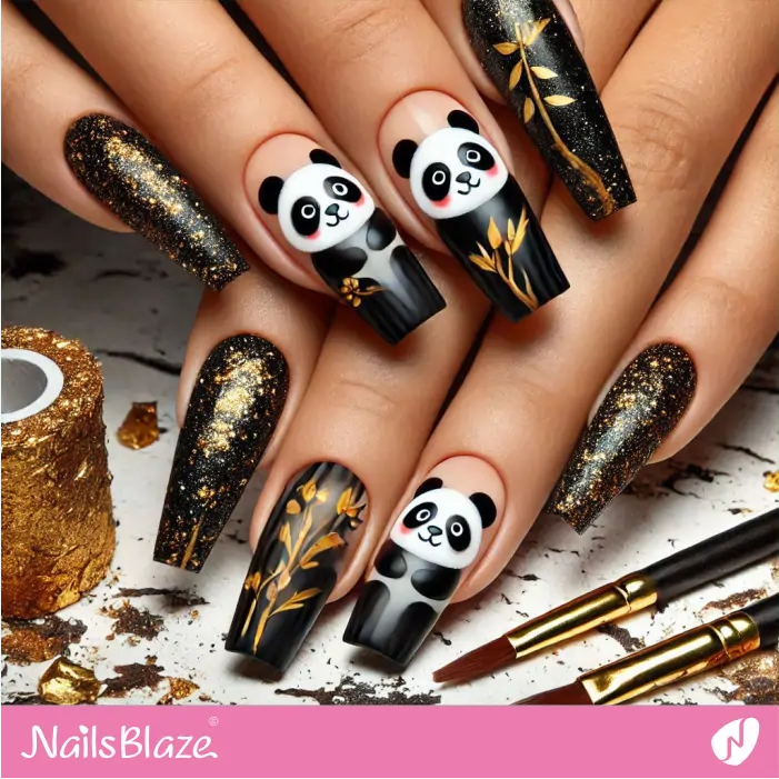 Black Panda Nails with Foil Embellishment | Panda Nails- NB7557