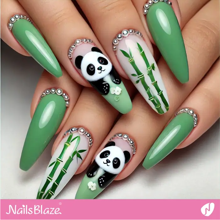 Green Bamboo and Panda Nails Design | Panda Nails- NB7586