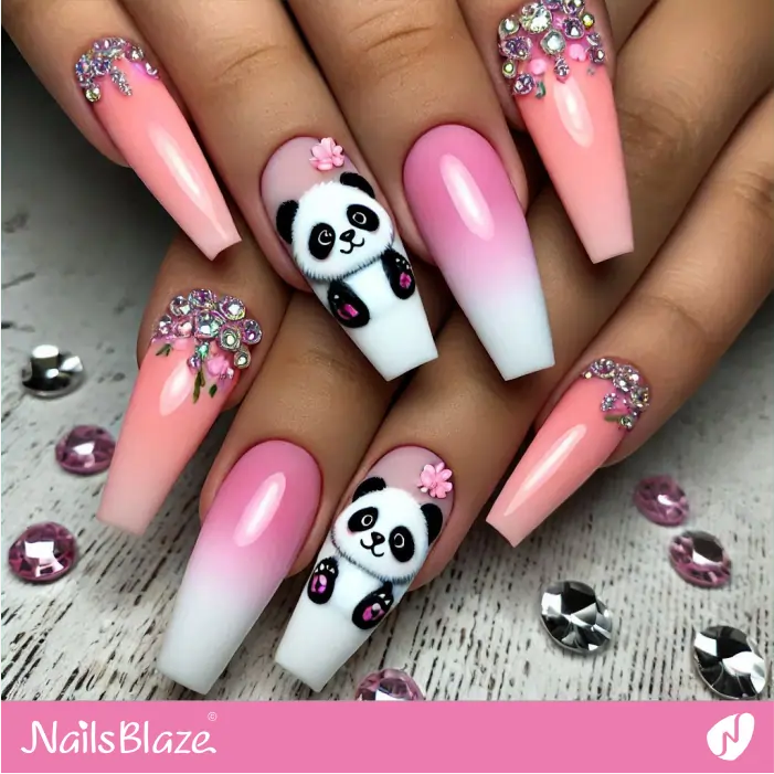 Embellished Ombre Nails with Panda | Panda Nails- NB7588