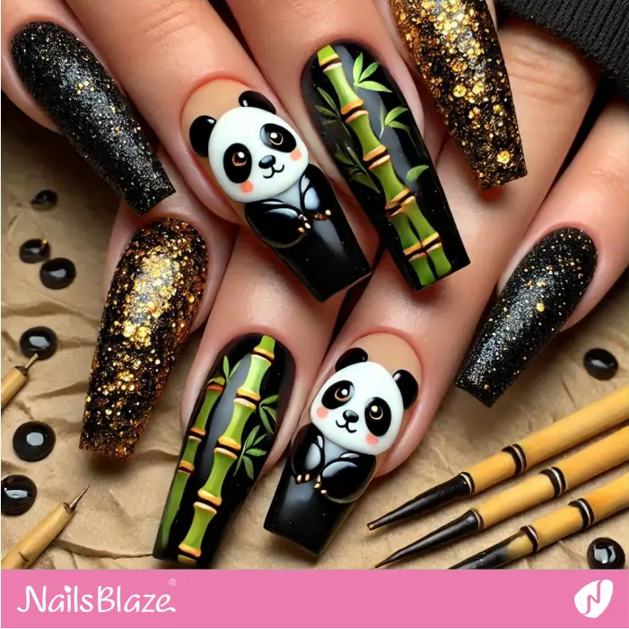 Bamboo and Panda Nails with Glitter | Panda Nails- NB7589