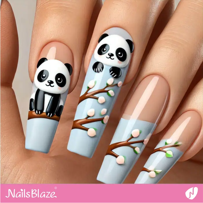 Cute Panda for X-long Blue Coffin Nails | Panda Nails- NB7559