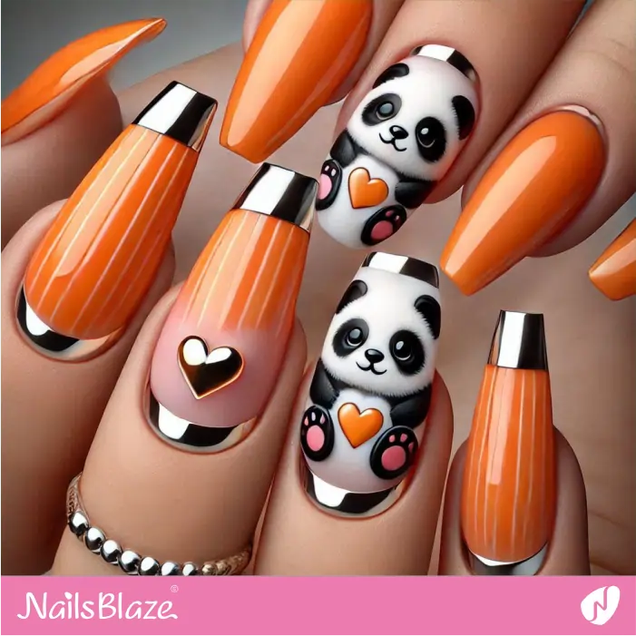 Orange Nails with Chrome Tips and Pandas | Panda Nails- NB7560