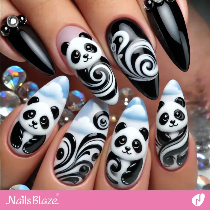 Almond Swirl Nails with Panda Design | Panda Nails- NB7561