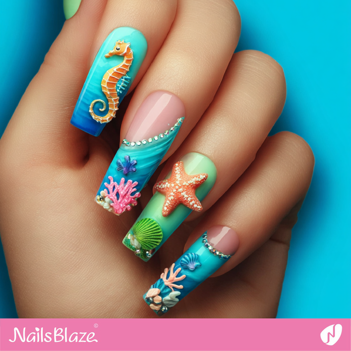 3D Seahorse Design for Long Blue Nails | Seahorse Nails- NB8276