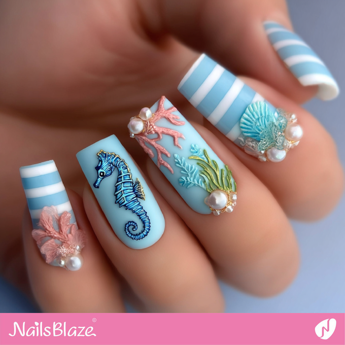 3D Design for Striped Blue Nails | Seahorse Nails- NB8285