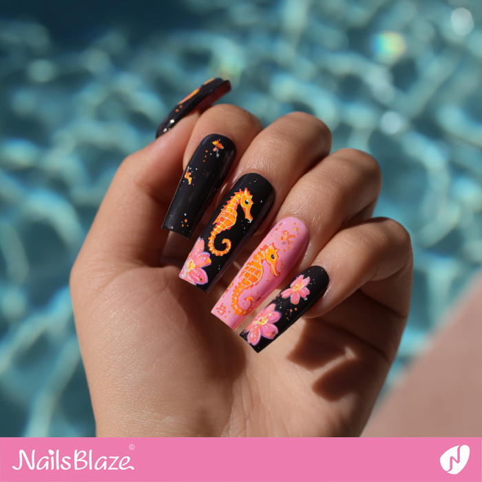 Black Nails with Seahorse Design | Seahorse Nails- NB8286