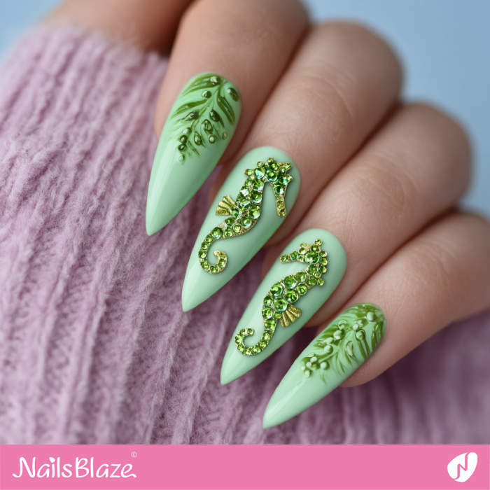 3D Seahorse Design for Pastel Green Nails | Seahorse Nails- NB8288
