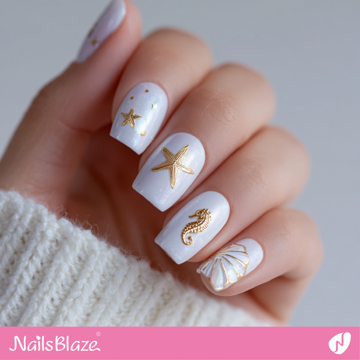 Short White Nails with Sea Creatures | Seahorse Nails- NB8291
