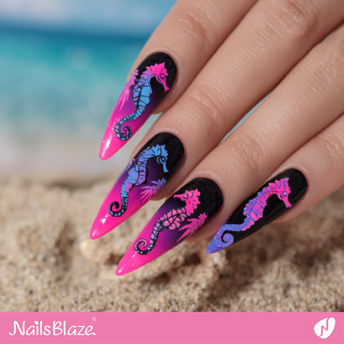 Seahorse Design for Pink to Purple Gradient Nails | Seahorse Nails- NB8277