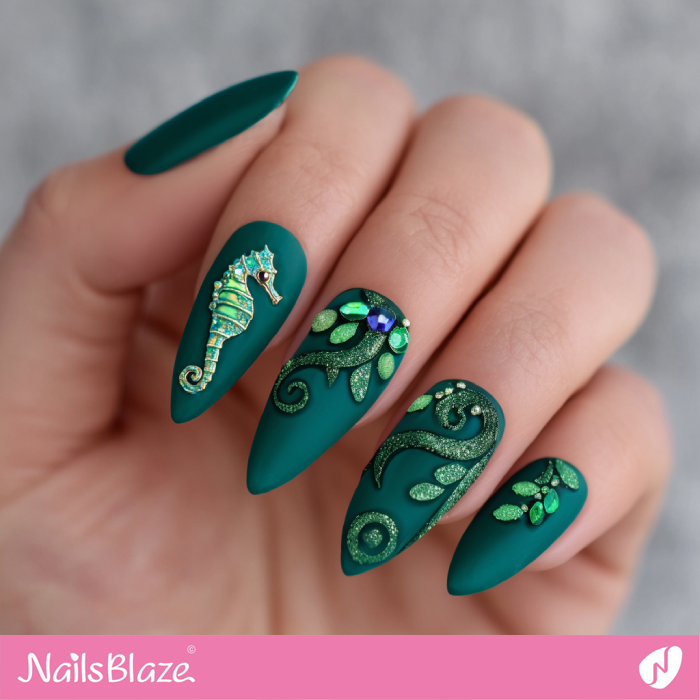 Seahorse Accent for Matte Green Nails | Seahorse Nails- NB8278