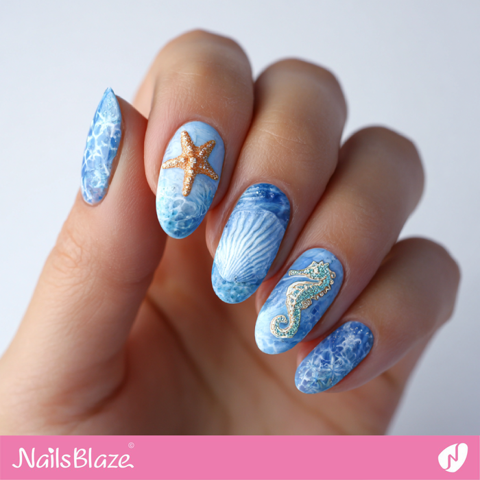 Ocean Blue Nails with Seahorse Design | Seahorse Nails- NB8279