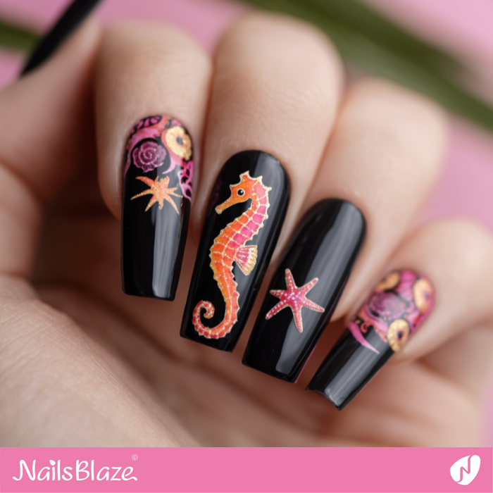 Black Nails Under the Sea Theme | Seahorse Nails- NB8281
