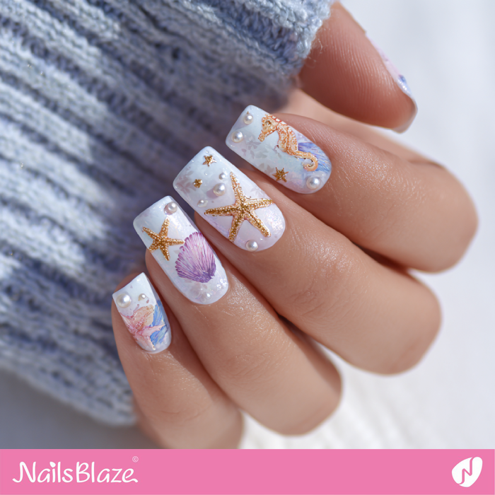 Beach White Nails with Pearls | Seahorse Nails- NB8282