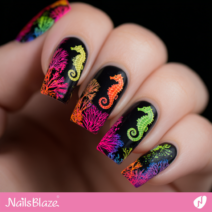 Coral Reef and Seahorse Design for Black Nails | Seahorse Nails- NB8283