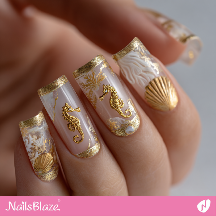 Gold Seahorse Design for White Nails | Seahorse Nails- NB8284