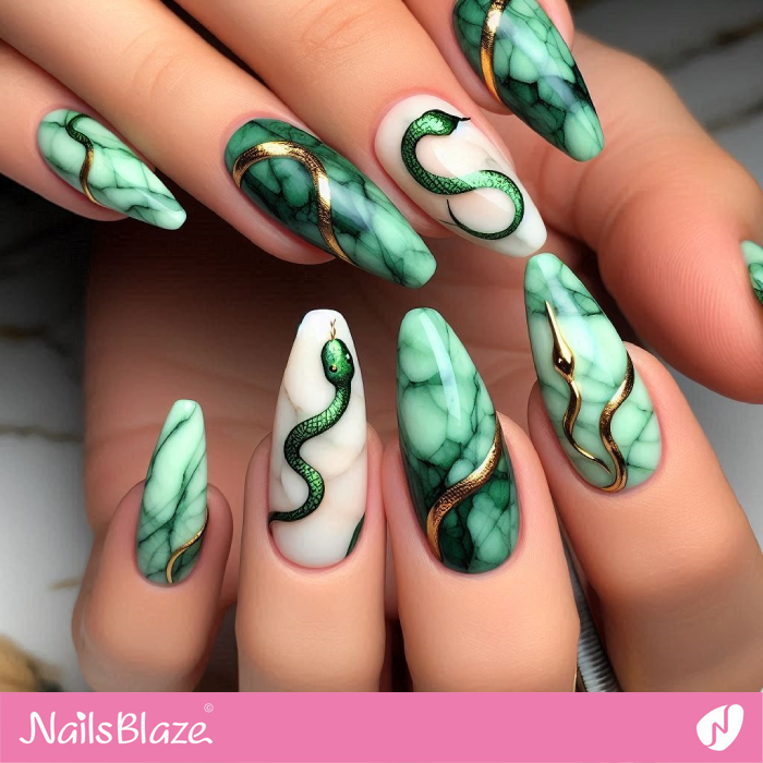 Snake Accents for Green Marble Nails | Snake Nails- NB8124