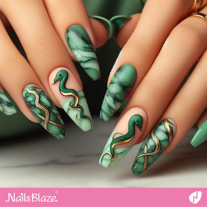 Marble Green Nails with 3D Snake Design | Snake Nails- NB8127