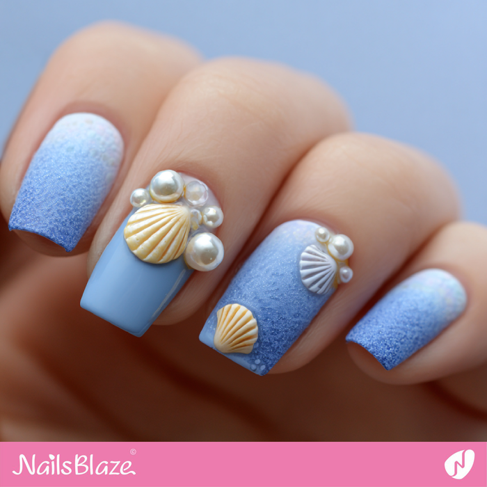 Matte Blue Nails with 3D Seashell and Pearl Design | Beach Nails- NB8305