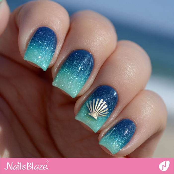 Blue Ombre Nails with Seashell Accent | Beach Nails- NB8309